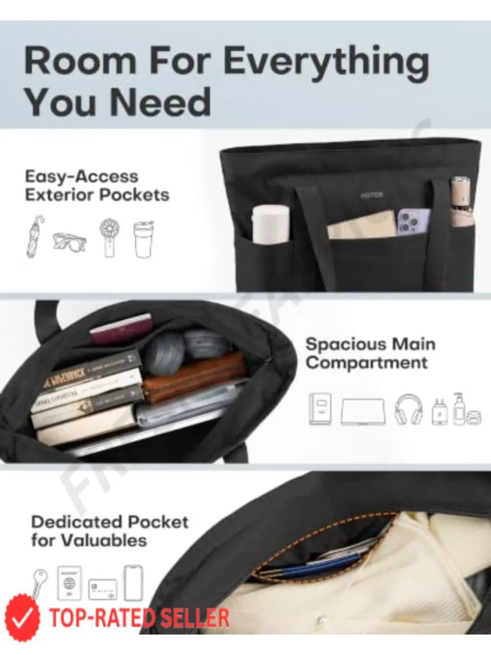 Large Foldable Tote Bag with Zipper and Pouch - Travel Shoulder Bag, Polyester